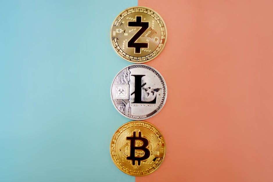 Colorful display of Zcash, Litecoin, and Bitcoin coins